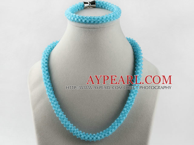 sea blue color Czech crystal necklace bracelet set with magnetic clasp