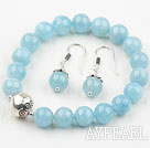 Classic Design 8mm Natural Aquamarine Beaded Thai Silver Bracelet with Matched Earrings