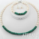 New Design White Freshwater Pearl and Turquoise Set ( Necklace Bracelet and Studs )