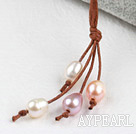 Simple Style Natural White Pink Purple Freshwater Pearl Necklace with Brown Thread