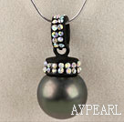 balck 16mm sea shell bead pendant necklace with shinning colorful rhinestone