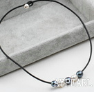 Simple Design White and Black FW Pearl Necklace with Black Leather