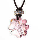 Wholesale Summer New Released Pink Austrian Crystal Four Leaf Clover Pendant Necklace with Dark Brown Leather