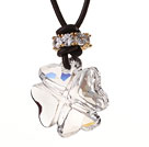 Wholesale Summer New Released Clear Austrian Crystal Four Leaf Clover Pendant Necklace with Dark Brown Leather
