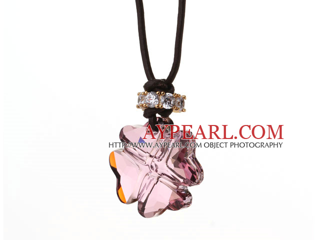 Summer New Released Light Purple Austrian Crystal Four Leaf Clover Pendant Necklace with Dark Brown Leather