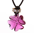 Wholesale Summer New Released Lovely Purple Austrian Crystal Four Leaf Clover Pendant Necklace with Dark Brown Leather