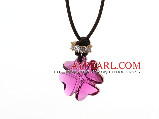 Summer New Released Lovely Purple Austrian Crystal Four Leaf Clover Pendant Necklace with Dark Brown Leather
