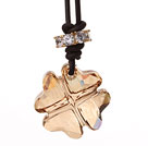 Wholesale Summer New Released Yellow Austrian Crystal Four Leaf Clover Pendant Necklace with Dark Brown Leather
