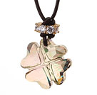 Wholesale Summer New Released Light Green Austrian Crystal Four Leaf Clover Pendant Necklace with Dark Brown Leather