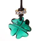 Wholesale Summer New Released Green Austrian Crystal Four Leaf Clover Pendant Necklace with Dark Brown Leather