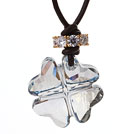 Wholesale Summer New Released Light Blue Austrian Crystal Four Leaf Clover Pendant Necklace with Dark Brown Leather