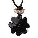 Wholesale Summer New Released Cool Black Austrian Crystal Four Leaf Clover Pendant Necklace with Dark Brown Leather