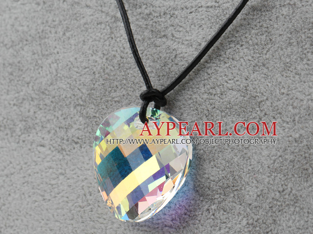 Simple Design White with Colorful Faceted Austrian Crystal Potato Chips Shape Pendant with Leather Chain