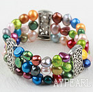 Classic Desgin Three Strands Multi Color Freshwater Pearl Elastic Bangle Bracelet