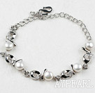 Fashion Style White Freshwater Pearl with Rhinestone Metal Bracelet with Adjustable Chain