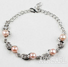 Fashion Style Pink Freshwater Pearl with Rhinestone Metal Bracelet with Adjustable Chain