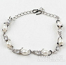 Fashion Style White Rice Freshwater Pearl with Rhinestone Metal Bracelet with Adjustable Chain