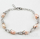 Fashion Style Pink Rice Freshwater Pearl with Rhinestone Metal Bracelet with Adjustable Chain