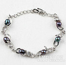 Fashion Style Black Rice Freshwater Pearl with Rhinestone Metal Bracelet with Adjustable Chain