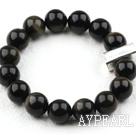 Classic Design 12mm Round Obsidian Beaded Elastic Bracelet with Thailand Sterling Silver Bullion