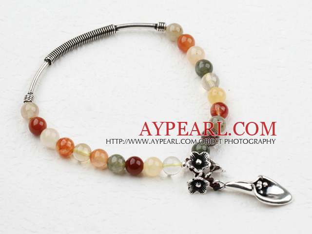Assorted Rutilated Quartz Elastic Bangle Bracelet with Antique Silver Accessories