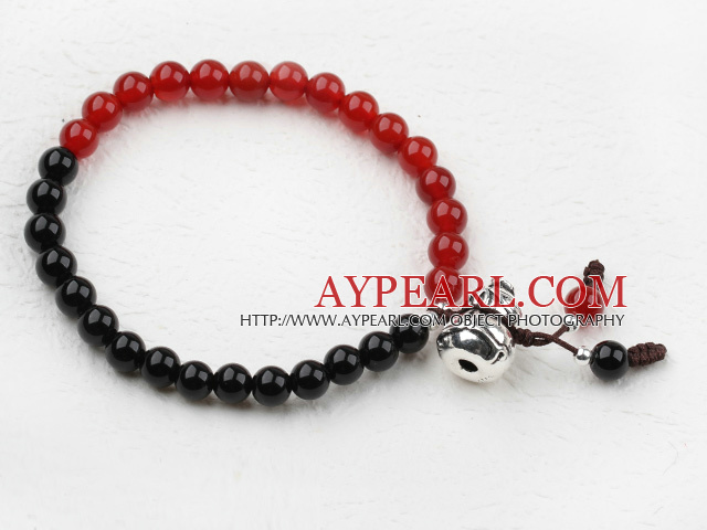 Classic Design Black and Red Agate Beaded Elastic Bangle Bracelet with Sterling Silver Accessories