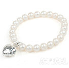 A Grade Round Pearl Beaded Bracelet with Heart Shape Thai Silver Accessory Elastic Bangle Bracelet