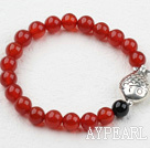 Classic Design 8mm Red Carnelian Beaded Elastic Bangle Bracelet with S990 Sterling Silver Fish Accesories