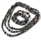 Wholesale Newly Vintage Style Three Strands Round Indian Agate Beaded Jewelry Set (Necklace with Matched Bracelet)