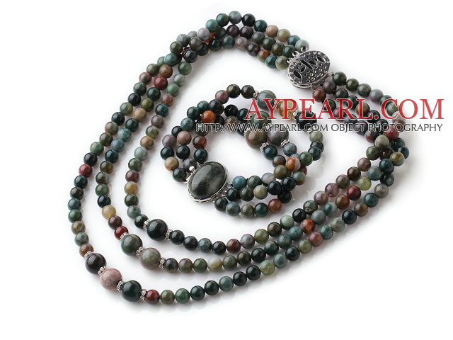 Newly Vintage Style Three Strands Round Indian Agate Beaded Jewelry Set (Necklace with Matched Bracelet)