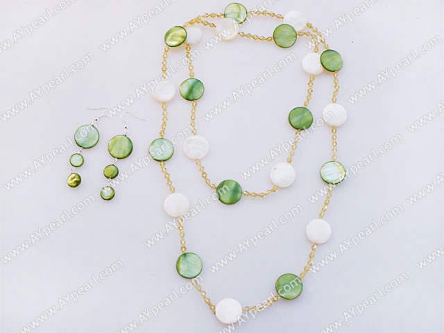 Fashion Long White And Green Disc Shell Necklace And Earrings Sets