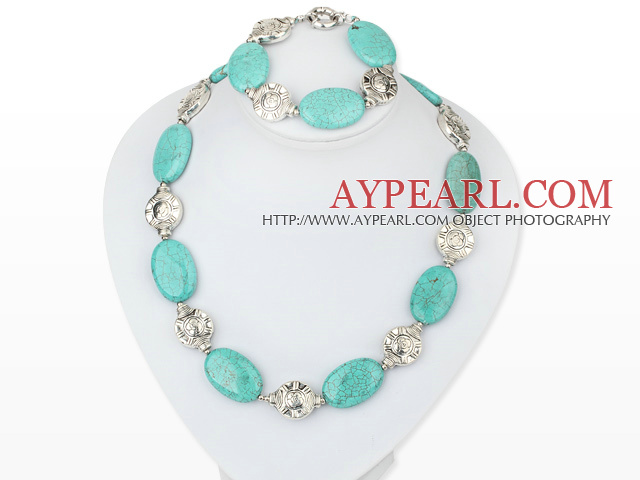turquoise tibet silver necklace bracelet set with moonlight clasp