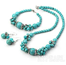 Elegant Round Turquoise Cluster Beaded And Flower Charm Jewelry Sets (Necklace Bracelet With Matched Earrings)