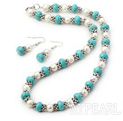 Favorite White Freshwater Pearl And Blue Turquoise Set (Necklace With Matched Earrings)