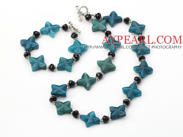 Wonderful Black Crystal And Blue Jade Flower Necklace Bracelet Sets With Toggle Clasp