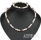 7-8Mm Natural White Freshwater Pearl And Smoky Color Crystal Set (Necklace With Matched Bracelet)