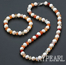 Fashion White Freshwater Pearl And Red Agate Beaded Jewelry Sets (Necklace With Matched Bracelet)