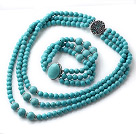Wholesale Elegant Design Three Strands Round Blue Turquoise Beaded Jewelry Set (Necklace with Matched Bracelet)