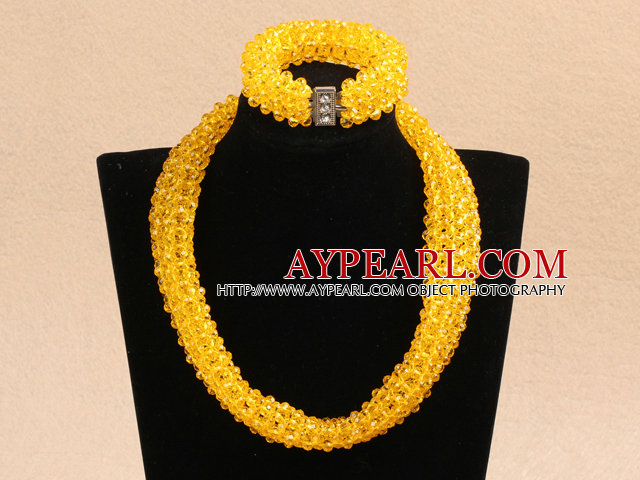 Luxurious Sparkly Multi Layer Yellow Cyrstal Chunky Costume Party Jewelry Set (Necklace & Bracelet)