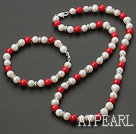 Elegant White Freshwater Pearl And Red Coral Set(Necklace With Matched Bracelet)