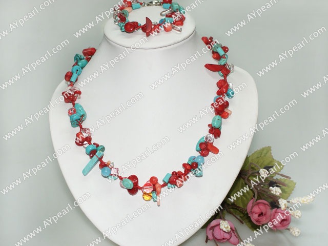 Beautiful Multi Blue Turquose And Red Coral Necklace Bracelet Set