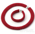 Tube Shape Round Red Coral Woven Beaded Set ( Necklace and Matched Bracelet )
