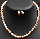 7-8mm White Pink and Violet Color Pearl Necklace and Matched Studs Earrings Sets