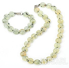 Fashion Threaded Flat Round Green Rutilated Quartz Necklace Bracelet Sets With Lobster Clasp