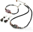 Elegant Round And Square Shape Indian Agate Set With Black Cord (Necklace Bracelet With Matched Earrings)