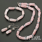 Wholesale Nice Pink Series Twisted Cylinder Shape Rose Quartz And White Crystal Sets (Necklace Bracelet With Matched Earrings)