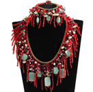 Wholesale 2015 Beautiful Shining Red Crystal Green Aventurine Statement Christmas Tassel Jewelry Set (Necklace & Bracelet)