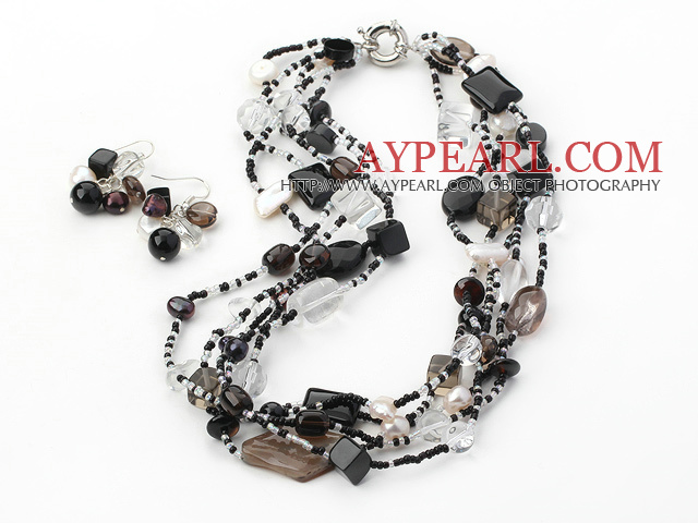 Fashion Multi Strand Multi Clor And Shape Freshwater Pearl Crystal Agate Set (Necklace With Matched Earrings)