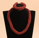 Popular Style Multi Strands Deep Red Mini Beads Twisted Chunky Party Jewelry Set (Necklace & Bracelet)