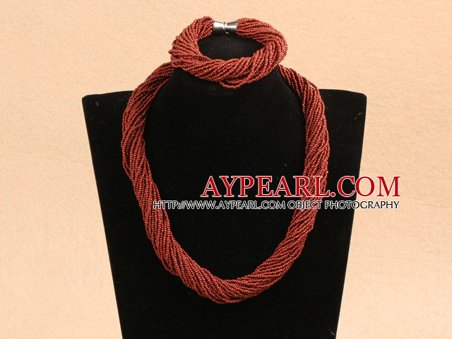 Popular Style Multi Strands Deep Red Mini Beads Twisted Chunky Party Jewelry Set (Necklace & Bracelet)